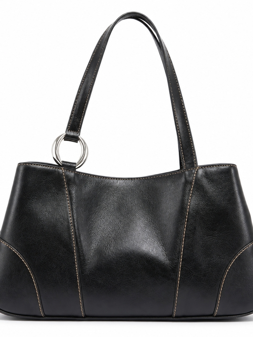 Franco Sarto Black Shoulder Tote with Silver Ring Accent